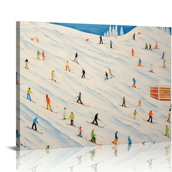 COMIO Vintage Holiday Christmas Canvas Wall Art,Colorful Winter Poster ,Whimsical Gift Print Skiing Pictures ,Snow Painting,Maximalist Decor for Bedroom Living Room