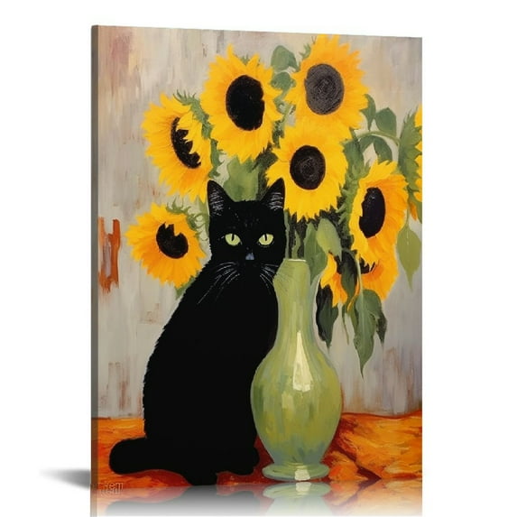COMIO Vintage Monet Sunflower Black Cat Print Poster Funny Monet cat wall art Abstract Colorful Farmhouse Sunflower Floral Print Aesthetic Room Home Decor Gallery Bedroom
