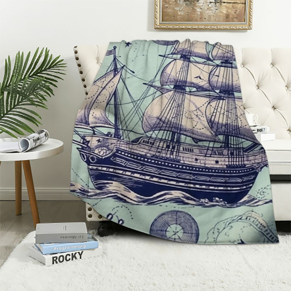 COMIO Vintage Nautical Throw Blanket Old Sailboat Anchor Plush Blanket