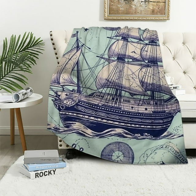 COMIO Vintage Nautical Throw Blanket Old Sailboat Anchor Plush Blanket
