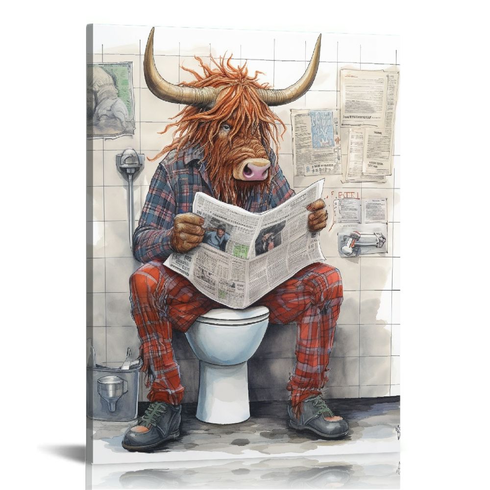 COMIO Vintage Scottish Highland Cow is Reading Newspaper in Toilet Tin ...