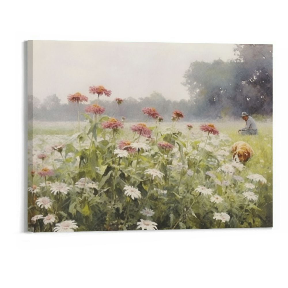 COMIO Vintage Spring Lake Landscape with Wildflower Meadow Canvas Wall