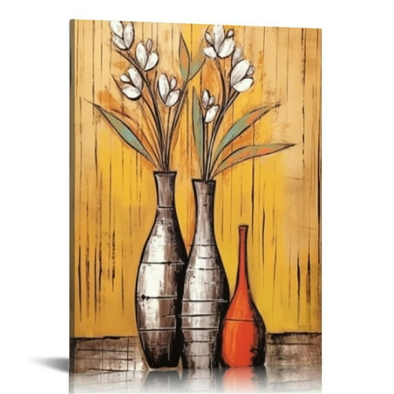COMIO  Vintage Tribal Ethnic Canvas Wall Art African Vase Floral in Bottle Still Life Picture for Kitchen Bedroom Home Decor Stretched and Framed Ready to Hang