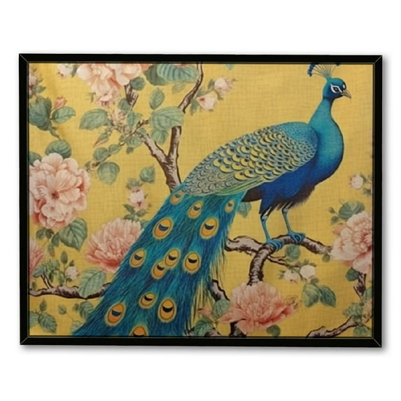 COMIO Vintage Watercolor with Peacock On Tree Cherry Flowering Trees with Flowers Yellow Colorful Bird Canvas Print 16x12in / 20x16in 20x16in