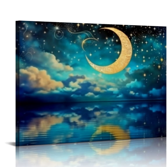 COMIO Wall Art Canvas Painting Sea Clouds Moon and Stars Ocean Blue ...