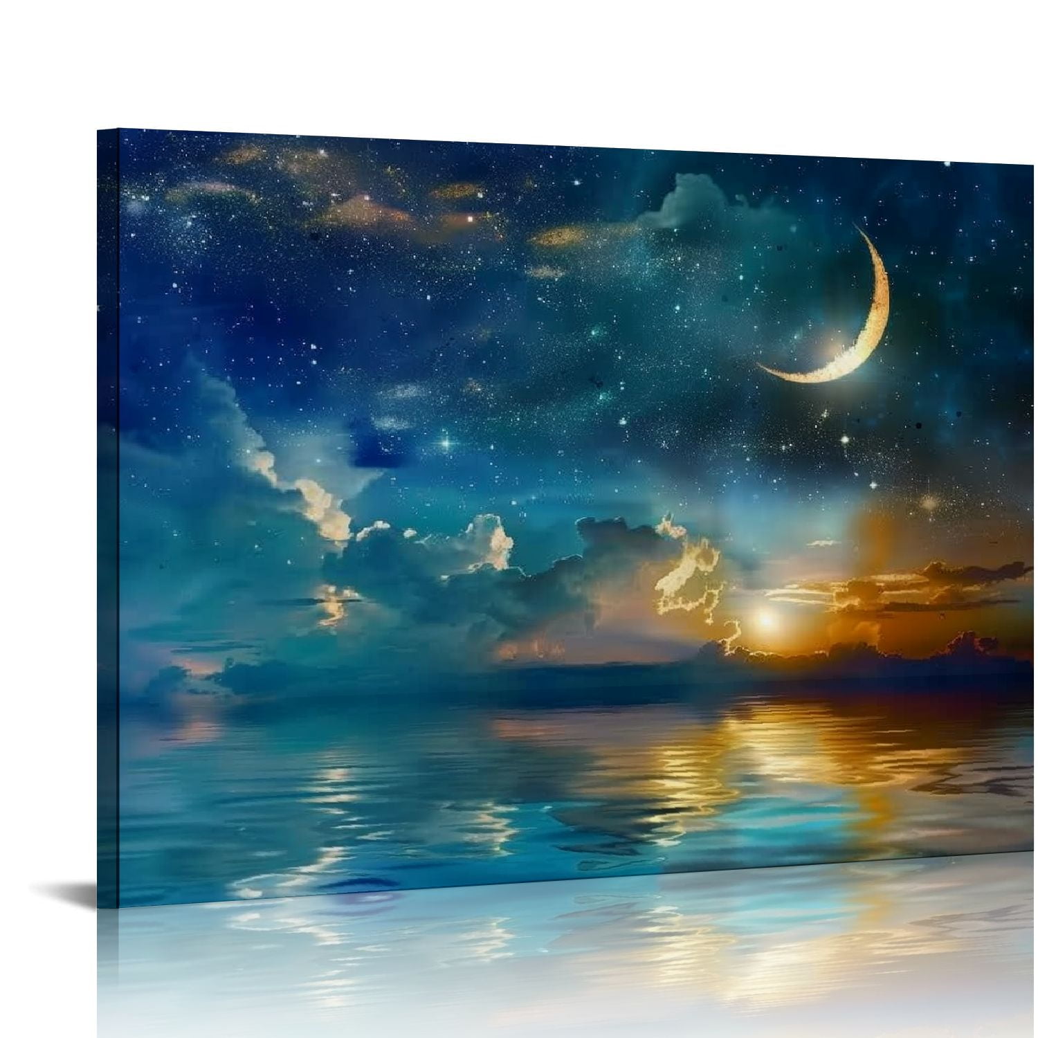 COMIO Wall Art Canvas Painting Sea Clouds Moon and Stars Ocean Blue ...