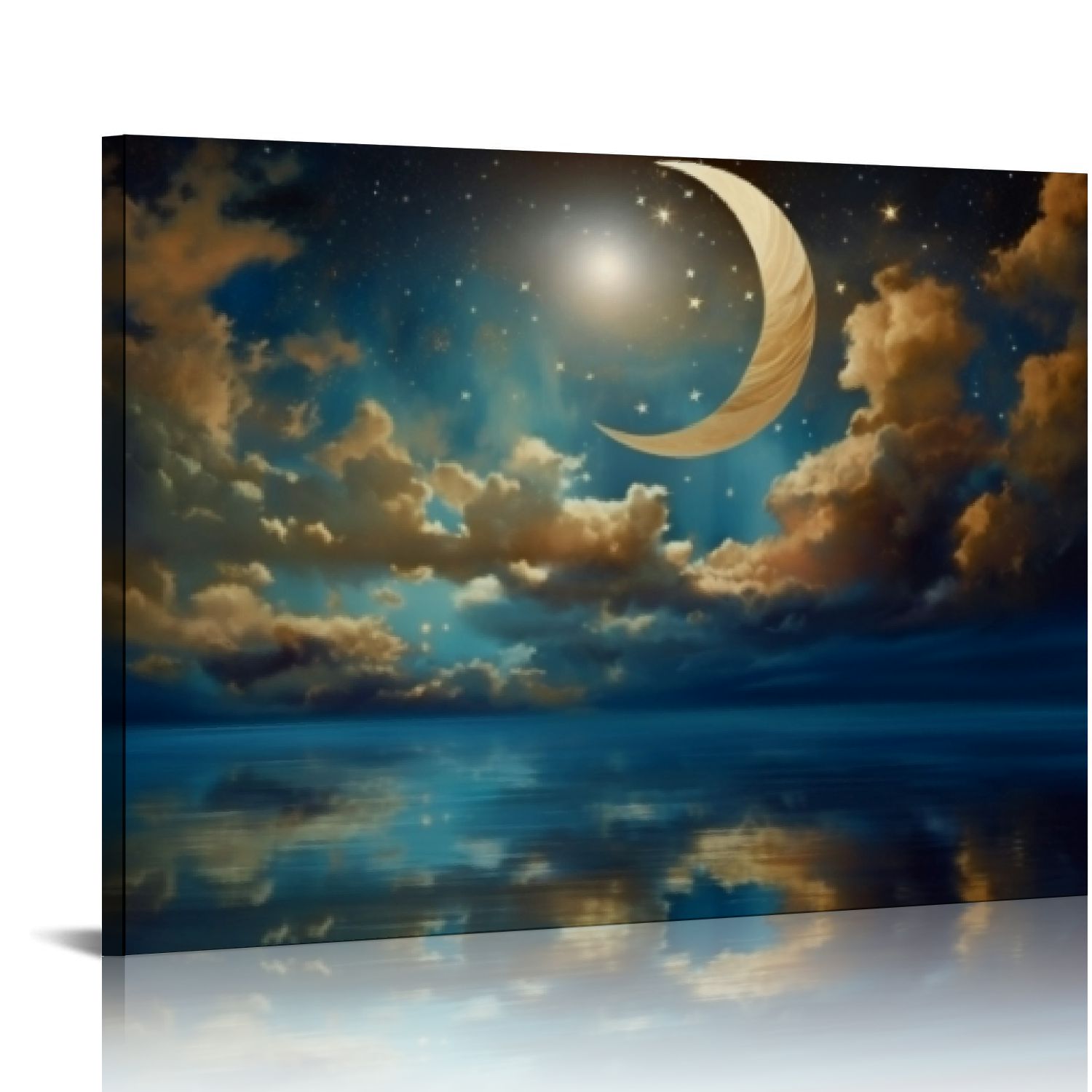 COMIO Wall Art Canvas Painting Sea Clouds Moon and Stars Ocean Blue ...