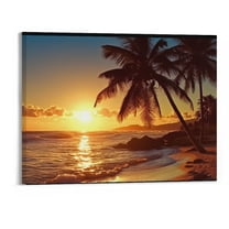 COMIO  Wall Art Decor Large Canvas Print Picture Sunset Ocean Beach Waves 1 Panel Coconut tree Scenery Painting Artwork for Office Home Decoration  Framed Ready to Hang - 20x16 Inch