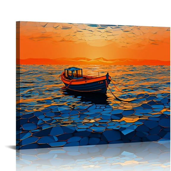 COMIO Wall Art Decor Large Canvas Print Picture Sunset over the Sea Boat Ocean Waves Scenery Painting Artwork for Office Wall Decor Home Decoration Stretched and Framed Ready to Hang