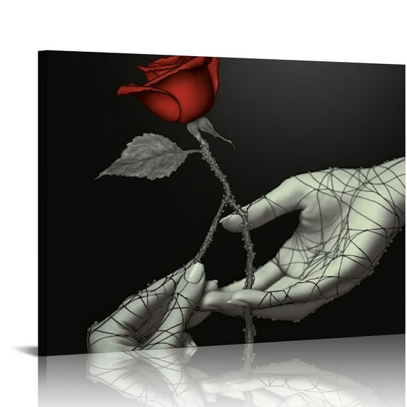 COMIO Wall Art Red Rose Floral Heart Painting Canvas Print Romantic Picture Poster Home Bedroom Bathroom Decor Valentine's Day Gift Black and White Artwork