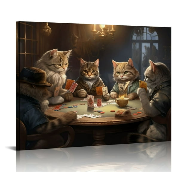 COMIO Wall Canvas Painting of Pet Cats Pokers Playing Party, Wall Art Decor Painting Prints Picture Pokers Cats Framed Stretched Printed on Canvas for Home Living Room Bedroom Office