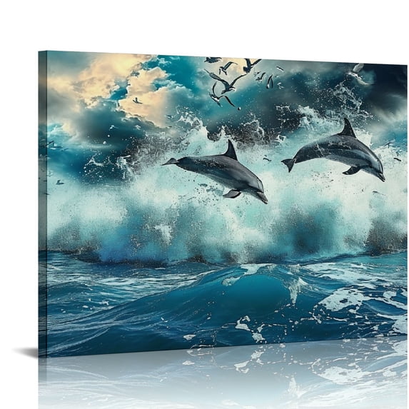 COMIO Wall Decorations For Living Room Large Size Canvas Wall Art For Bedroom Blue Waves Of The Sea Wall Pictures Artwork Modern Office Canvas Art Print Dolphins Wall Paintings