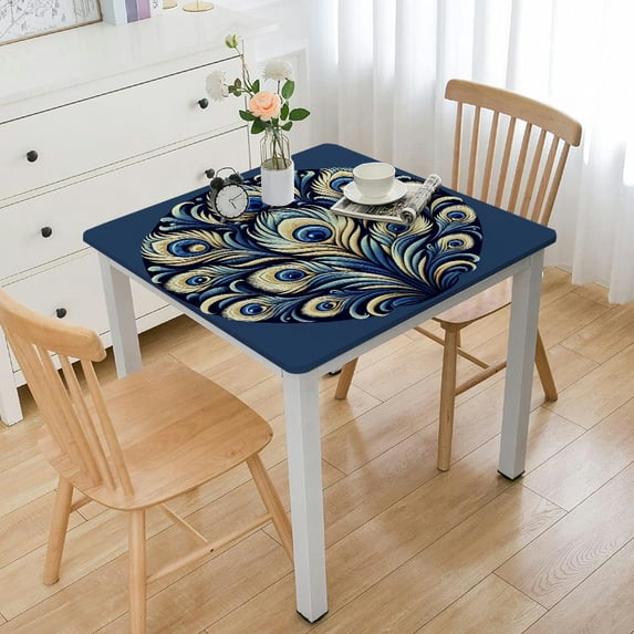 COMIO Washable Square Tablecloth for Home Kitchen Outdoor Decoration Peacock Feathers Navy Blue White