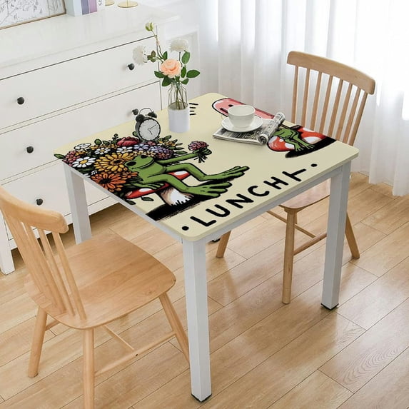 COMIO Washable for Home Kitchen Outdoor Decoration Cottagecore Frog on Mushroom Eating Lunch with Hot Sauce Square Tablecloth White
