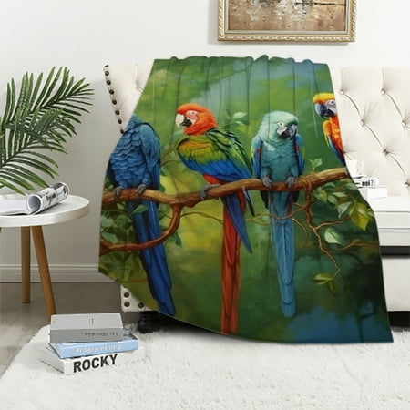 COMIO Watercolor Abstract Colored Bird Green Parrot Flannel Blanket White