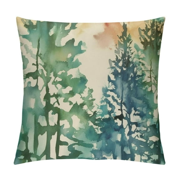 COMIO  Watercolor Blue Green Tree Pillow Covers Rustic Style Nature Forest Print Decorative Throw Pillows Winter Christmas Square Cushion Case for Home Sofa Couch Bed Outdoor