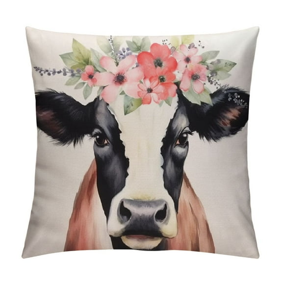 COMIO Watercolor Dairy Cattle Cute Beautiful Flowers Animal Throw Pillow Covers Peony Wreath Cow Vintage Farm Rustic Cushion Case Cover for Home Sofa Bed (WD-Cow)