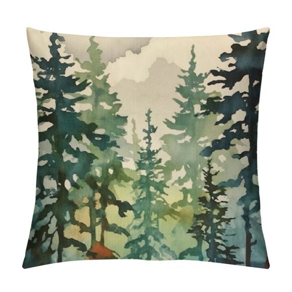 COMIO Watercolor Dark Green Teal Tree Pillow Covers Rustic Nature Forest Decorative Throw Pillows Winter Christmas Outdoor Farmhouse Linen Cushion Case Decor for Sofa Couch Bed