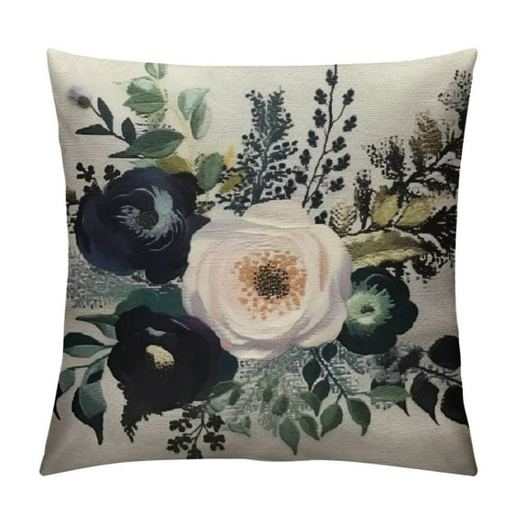 COMIO  Watercolor Floral Throw Pillow Cover Bouquet Roses Peonies Leaves Boho White Grey Indigo Blue Decorative Rectangular Pillowcase for Sofa and Bed Couch