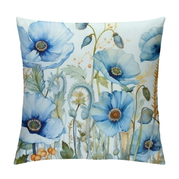 COMIO Watercolor Flower Throw Pillow Covers Super Soft Short Plush Rustic Farmhouse Decor Cushion Cover Square Pillow Case for Home Sofa Bedding,Blue Poppies Leaves