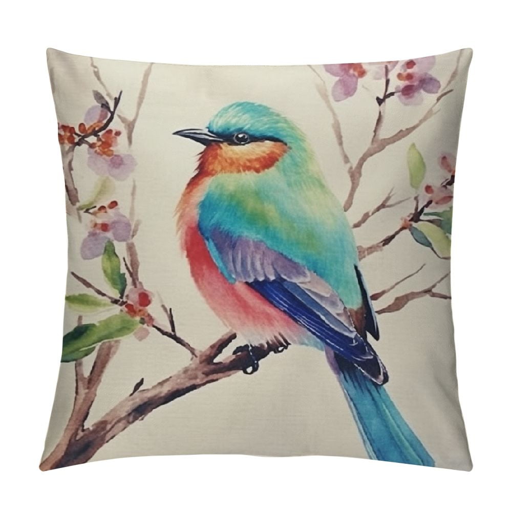 COMIO Watercolor Painting Birds Throw Pillow Covers Sparrow Hummingbirds Stand On The Tree