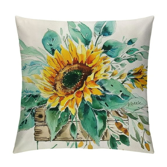 COMIO Watercolor Sunflower Throw Pillow Cover, Eucalyptus Leaves Summer Holiday Party Cushion Case for Sofa Couch