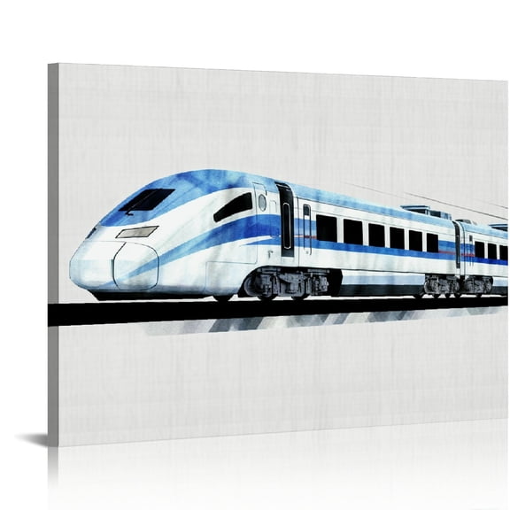 COMIO Watercolor Train Print Transportation Steam Locomotive Paintings Canvas Wall Art Vehicles Poster Canvas Nursery Artwork Ready to Hang Home Boys Playroom Bedroom Decor (Framed)