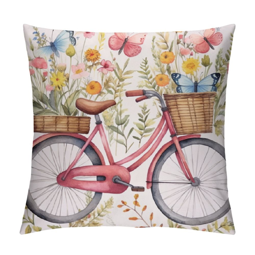 COMIO Welcome Summer Bicycle Flower Basket Pillow Cases Cushion Cover Pink Bike with Beautiful Flower Butterfly Decorative Throw Pillow Covers Farmhouse Decoration for Sofa Bed Home Outdoor Walmart ...