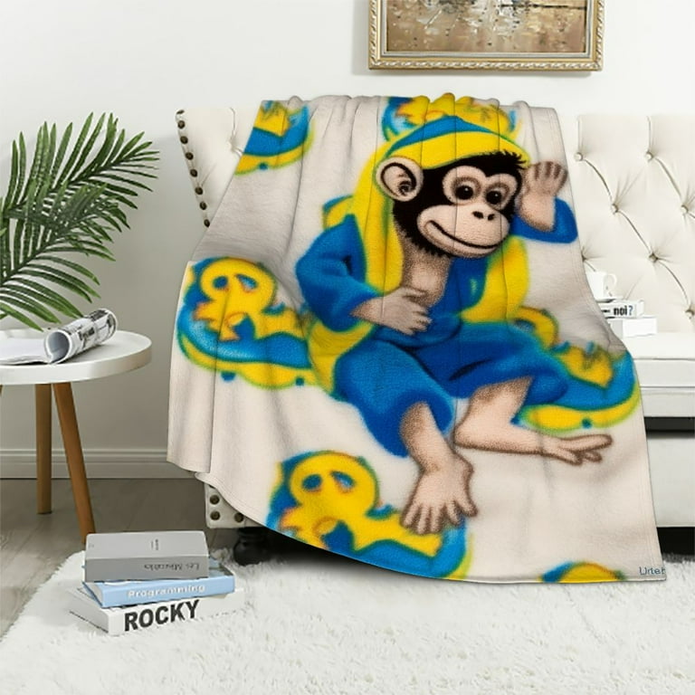COMIO Welcome to The Universe Baby Curious George White Navy and Yellow Bananas Super Soft Baby Blanket