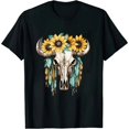thumbnail image 1 of COMIO Western Boho Sunflowers Turquoise Cow Bull Skull T-Shirt, 1 of 3