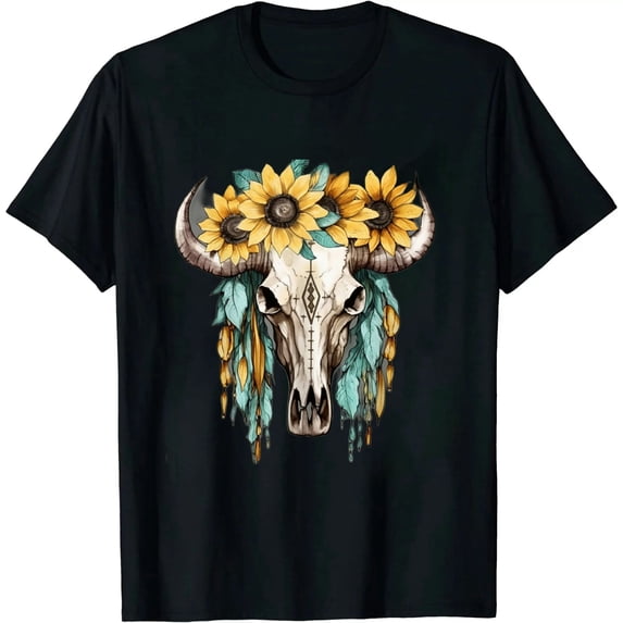 COMIO Western Boho Sunflowers Turquoise Cow Bull Skull T-Shirt