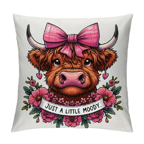 COMIO Western Cow Throw Pillow Covers,Just a Little Moody,Farmhouse Summer Flower Cow Decorate Pillow Covers for Bedroom Living Room Office Kids Room, Pillowcase,Gift for Cow Lovers