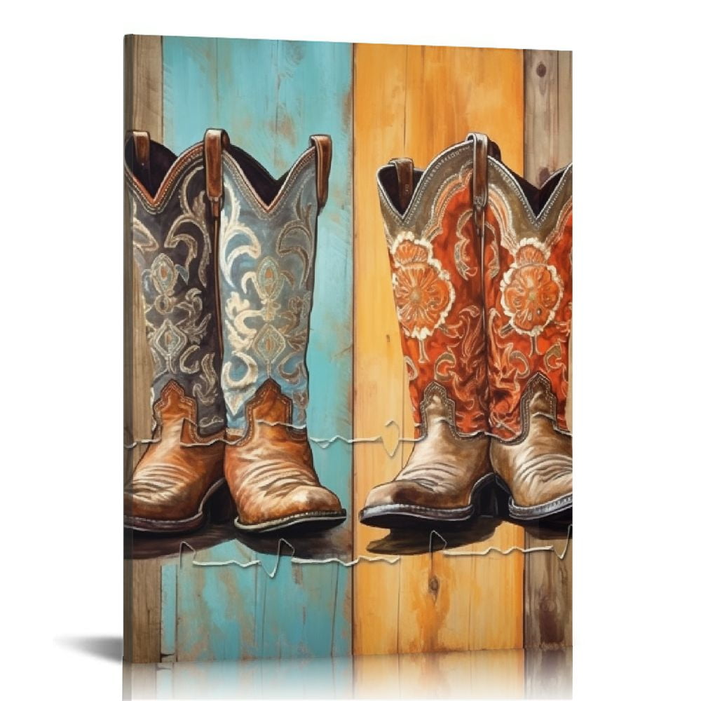 COMIO Western Cowboy Canvas Wall Art Wild West Rodeo Cowboy Boots Painting Pictures Country Rustic Decor Ready to Hang Walmart