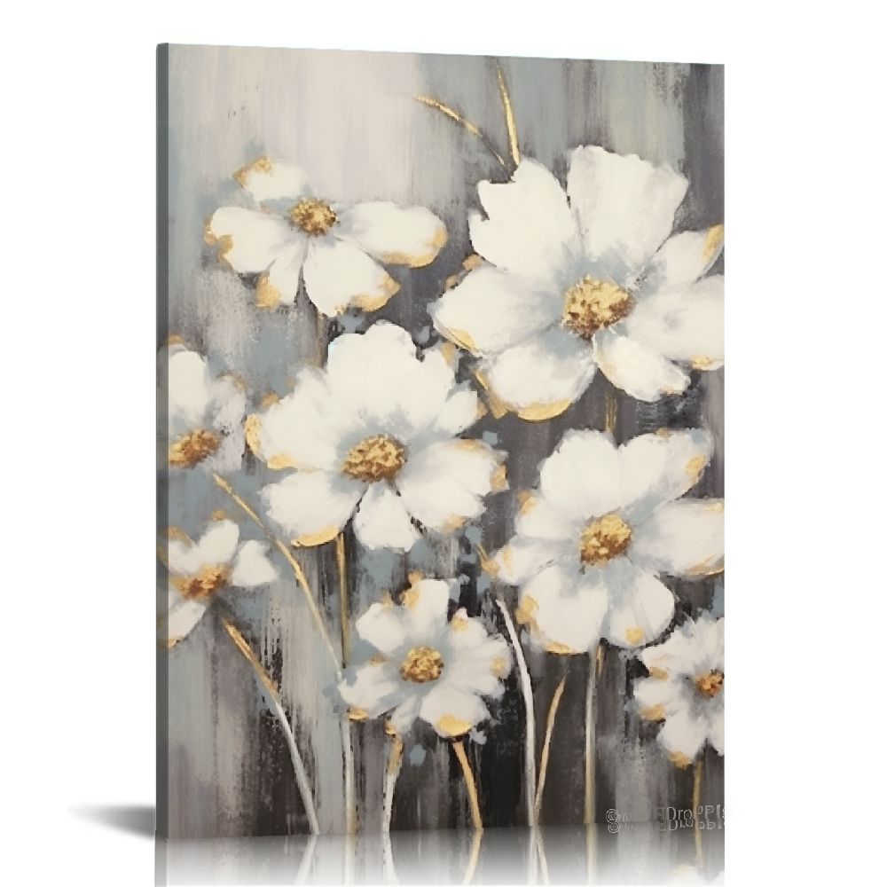 COMIO White Flower Canvas Wall Art: Gold Floral Picture for Living Room ...