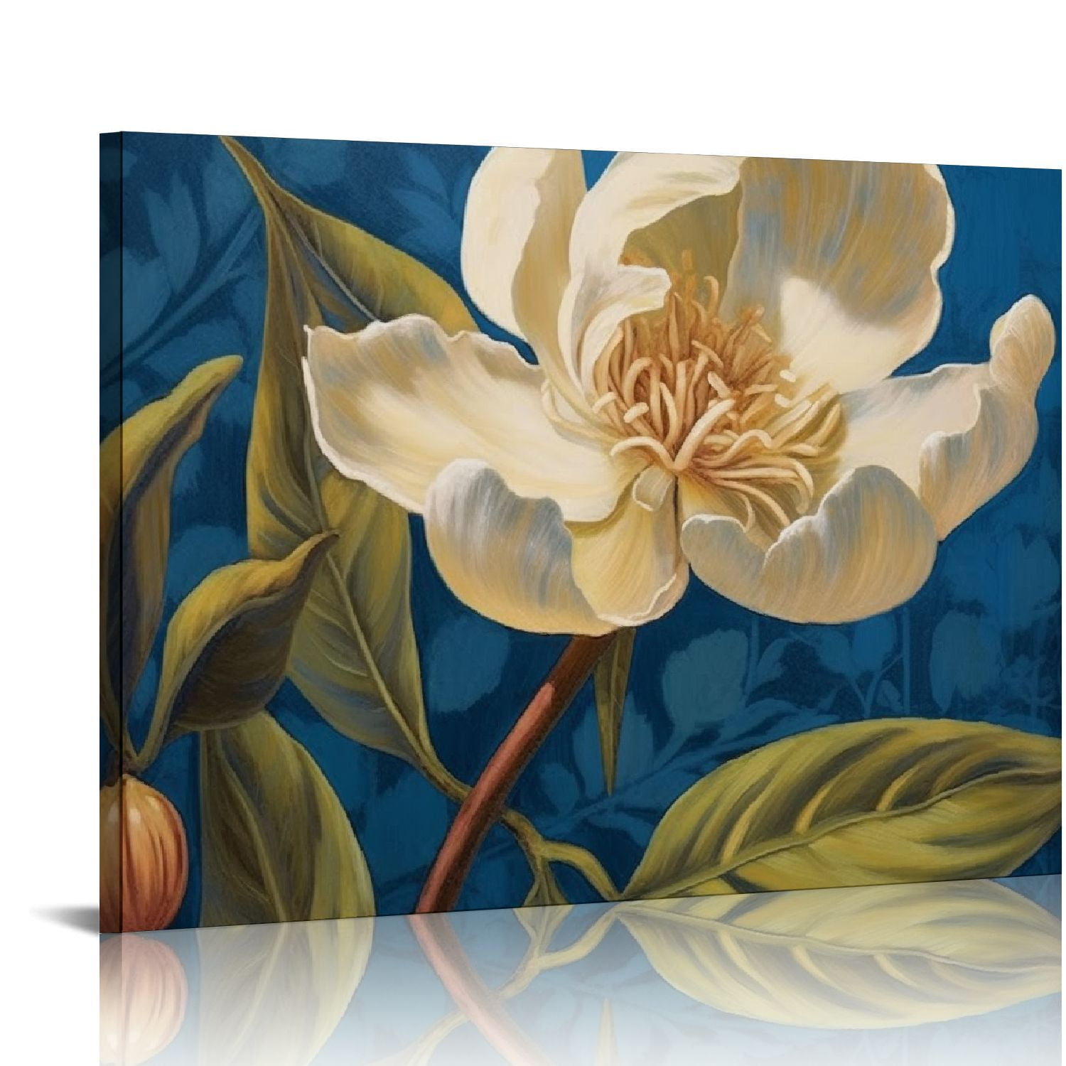COMIO White Flower Canvas Wall Decor Blue and Gold Flower Wall Art