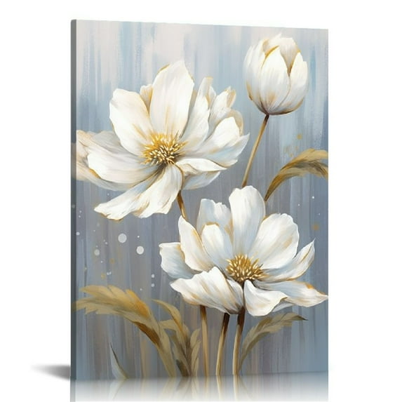 COMIO White Flower Wall Art Blooming Floral with Gold Foil Canvas Print Wall Art The Picture for Living Room Bedroom Contemporary Wall Painting Decoration Modern Abstract Artwork