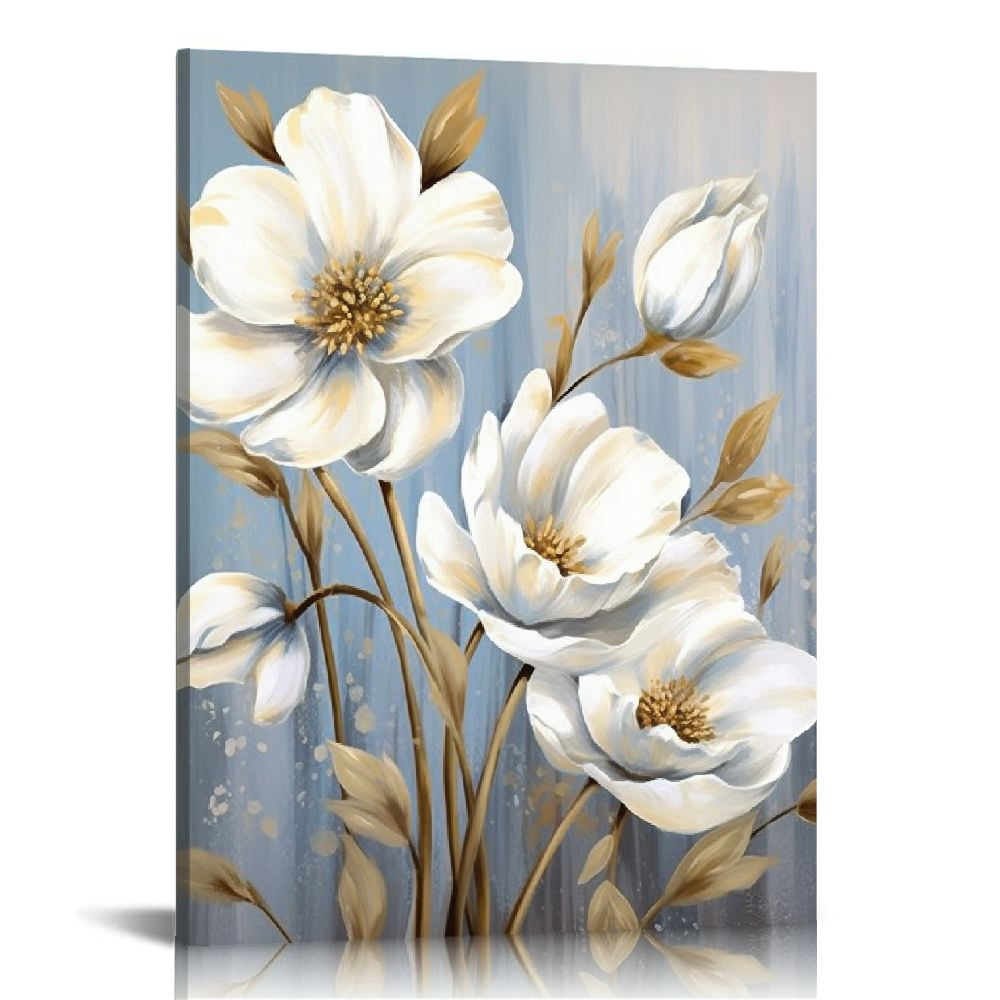 COMIO White Flower Wall Art Blooming Floral with Gold Foil Canvas Print ...