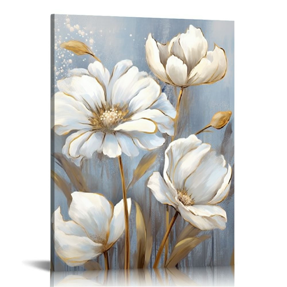 COMIO White Flower Wall Art Blooming Floral with Gold Foil Canvas Print ...