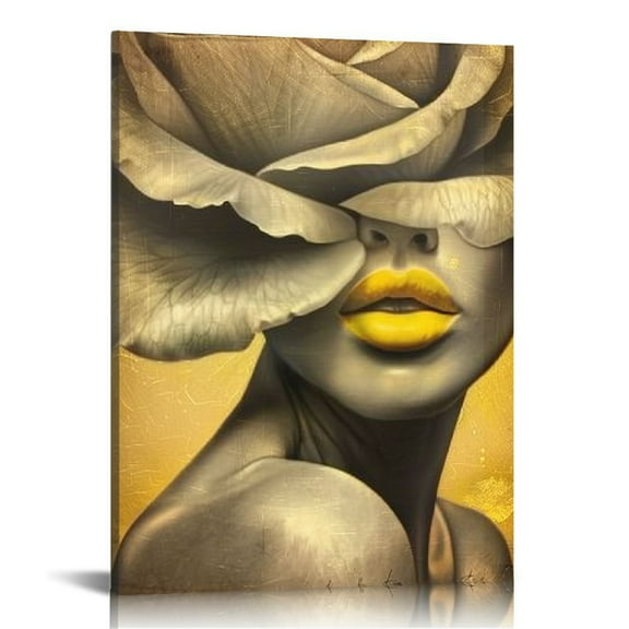 COMIO White Rose Flower Canvas Wall Art on Black Women Head Vintage African American Girl Picture Fashion Girl Art Modern Decorative Artwork for Bedroom Home Office Framed Ready to Hang