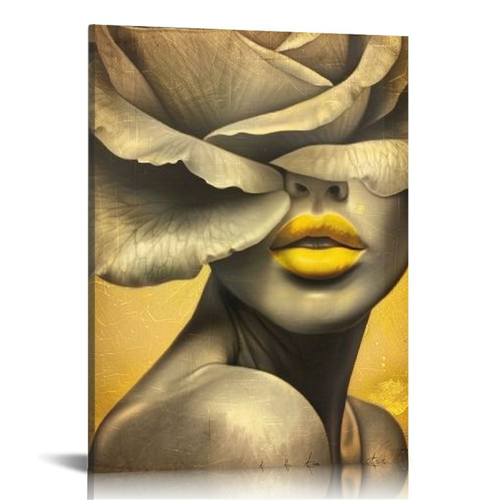 COMIO White Rose Flower Canvas Wall Art on Black Women Head Vintage ...