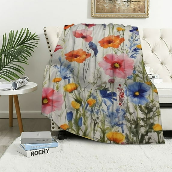 COMIO Wildflowers Throw Blanket Colorful Watercolor Flowers Poppy Cornflower and Chamomile Decorative Soft Warm Cozy Flannel Plush Throws Blankets for Bedding Sofa Couch