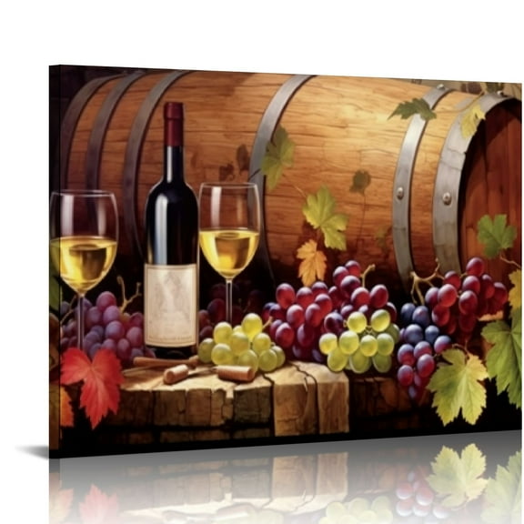 COMIO Wine Wall Art Canvas Kitchen Wine Picture Prints Grape Barrel Painting Red Wine Glass Artwork Prints for Home Kitchen Dinning Room Bar Wine Cellar Decor