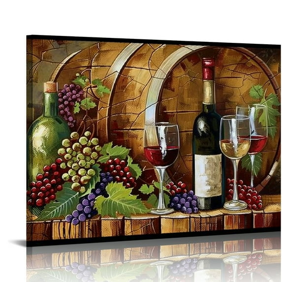 COMIO Wine Wall Art Canvas Kitchen Wine Picture Prints Grape Barrel Painting Red Wine Glass Artwork Prints for Home Kitchen Dinning Room Bar Wine Cellar Decor
