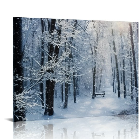 COMIO  Winter Forest Wall Art, Tree Forest and Falling Snowflake Abstract Painting, Nature Snow Scene Wall Art for Bathroom Living Room Decor Ready to Hang