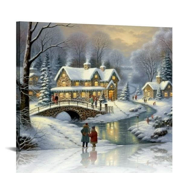 COMIO Winter Frolic Canvas Wall Art Print, Winter Wonderland Painting, Christmas Home Décor, Vintage Snow Scene Holiday Artwork,