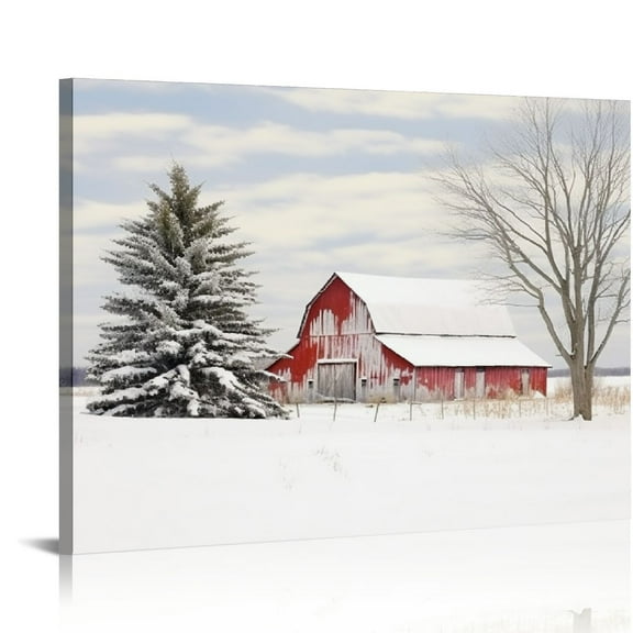 COMIO Winter Scenes Pictures Old Red Barn Canvas Wall Art Winter House Painting Winter Barn Prints Snow Scenery Wall Art Christmas Winter Poster Rustic Red Barn Canvas Snowy Landscape Wall Art