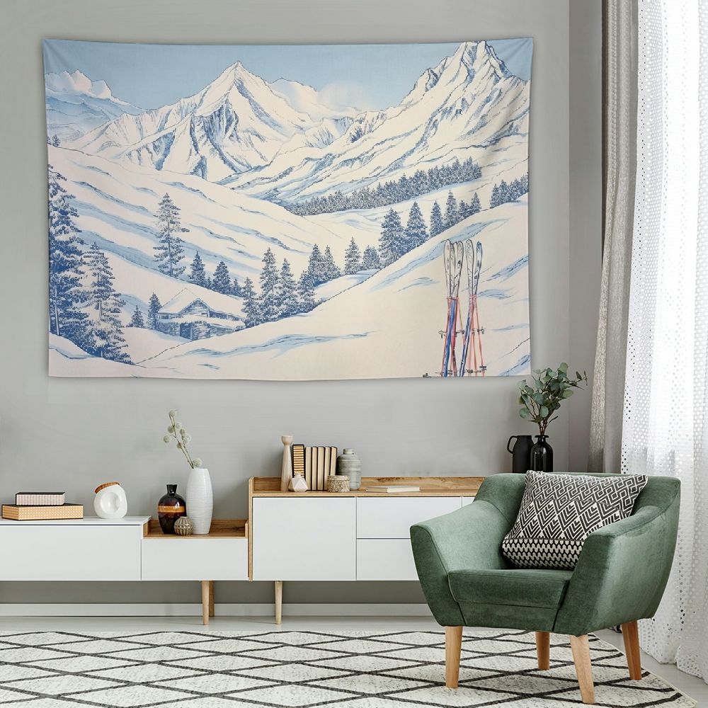 COMIO Winter Tapestry Sketchy Graphic of a Downhill Ski Elements in Snow Relax Calm View Wall Hanging Decor for Bedroom Living Room Dorm Blue White Walmart