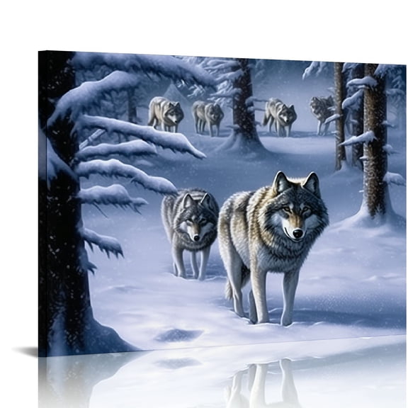 COMIO Winter Wolf Canvas Prints Wall Art Paintings Blue Snowy Forest Landscape Pictures Artwork for Living Room Bedroom Bathroom Wall Décor