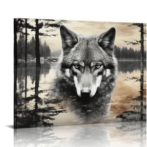 COMIO Wolf Canvas Wall Art Black and White Pictures Artwork Ready to Hang for Bedroom Living Room Decor