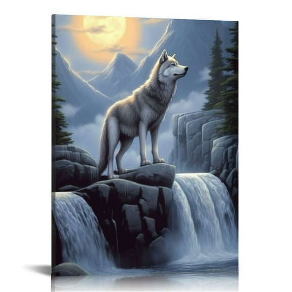 COMIO  Wolf Canvas Wall Art - Wolf Howling At Stone At Night Pictures - Christian Wolf Painting Wall Decor-Wolves Posters Home for Living Room Bedroom Bathroom Decoration